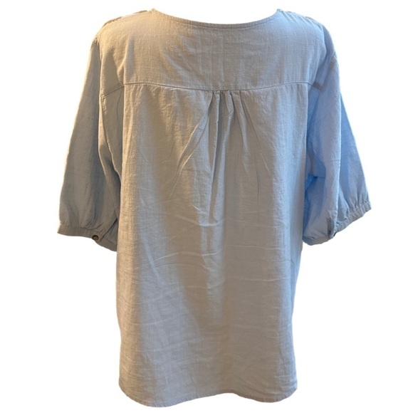 Blue Boho Embroidered Balloon Sleeve V-Neck Top 100% Cotton sz L - Picture 3 of 11